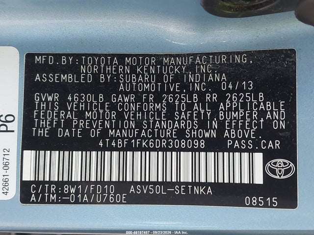 46197487 :رقم المزاد ، 4T4BF1FK6DR308098 vin ، 2013 Toyota Camry Le مزاد بيع