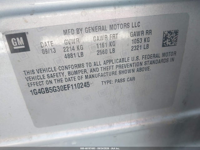 46197493 :رقم المزاد ، 1G4GB5G30EF110245 vin ، 2014 Buick Lacrosse Leather مزاد بيع