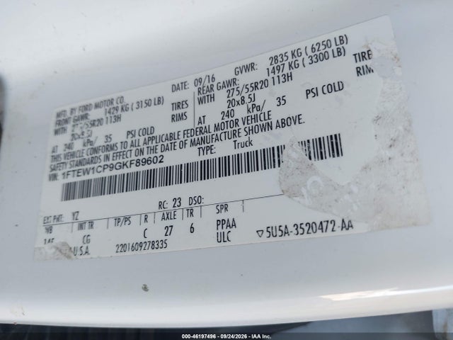 Продаж на аукціоні авто 2016 Ford F-150 Xl, vin: 1FTEW1CP9GKF89602, номер лоту: 46197496