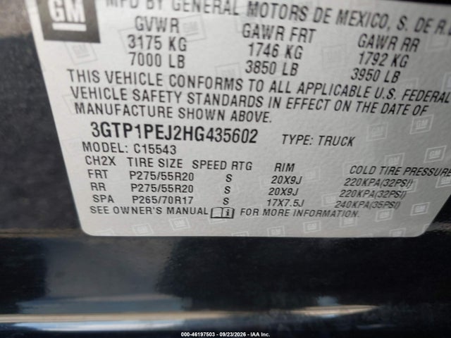 46197503 :رقم المزاد ، 3GTP1PEJ2HG435602 vin ، 2017 Gmc Sierra 1500 Denali مزاد بيع