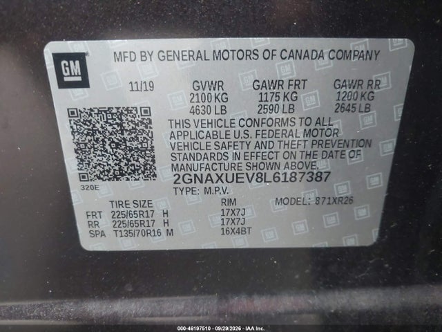 Продаж на аукціоні авто 2020 Chevrolet Equinox Awd Lt 1.5l Turbo, vin: 2GNAXUEV8L6187387, номер лоту: 46197510