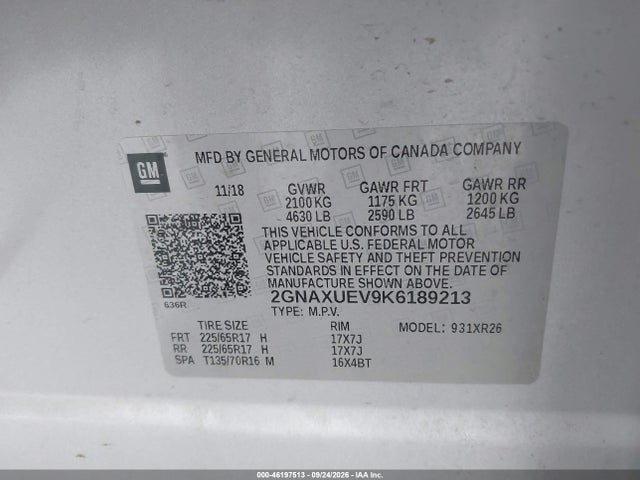 Продаж на аукціоні авто 2019 Chevrolet Equinox Lt, vin: 2GNAXUEV9K6189213, номер лоту: 46197513
