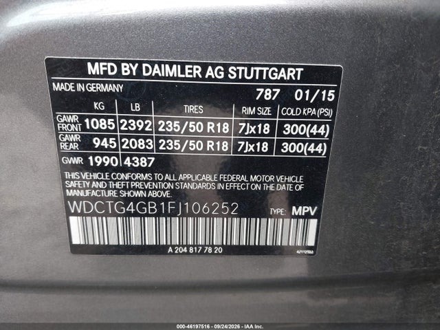 Auction sale of the 2015 Mercedes-benz Gla 250 4matic, vin: WDCTG4GB1FJ106252, lot number: 46197516