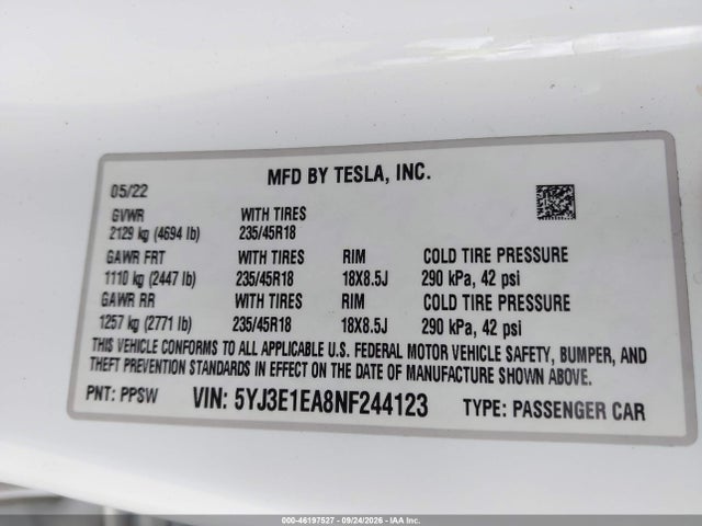 Aukcja sprzedaży 2022 Tesla Modelo 3 Rear-wheel Drive, vin: 5YJ3E1EA8NF244123, numer aukcji: 46197527