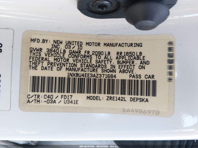 46197545 :رقم المزاد ، 1NXBU4EE3AZ371684 vin ، 2010 Toyota Corolla S مزاد بيع