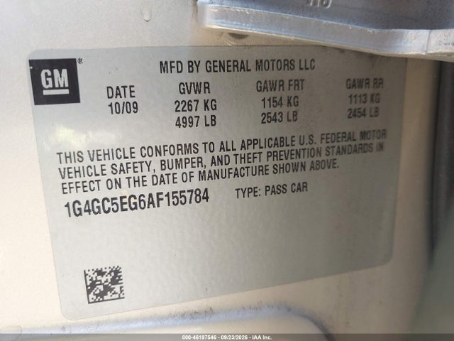 46197546 :رقم المزاد ، 1G4GC5EG6AF155784 vin ، 2010 Buick Lacrosse Cxl مزاد بيع