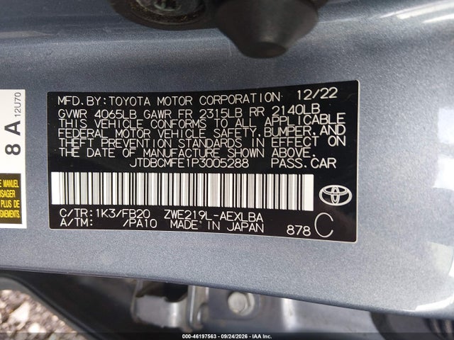 Aukcja sprzedaży 2023 Toyota Corolla Hybrid Le, vin: JTDBCMFE1P3005288, numer aukcji: 46197563