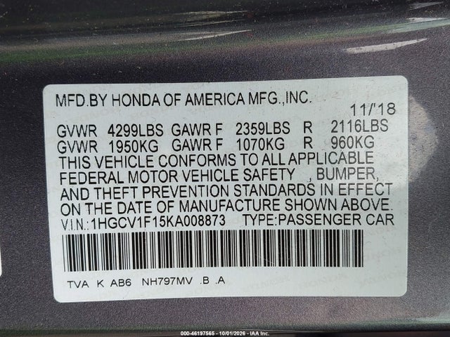 Продажа на аукционе авто 2019 Honda Accord Lx, vin: 1HGCV1F15KA008873, номер лота: 46197565