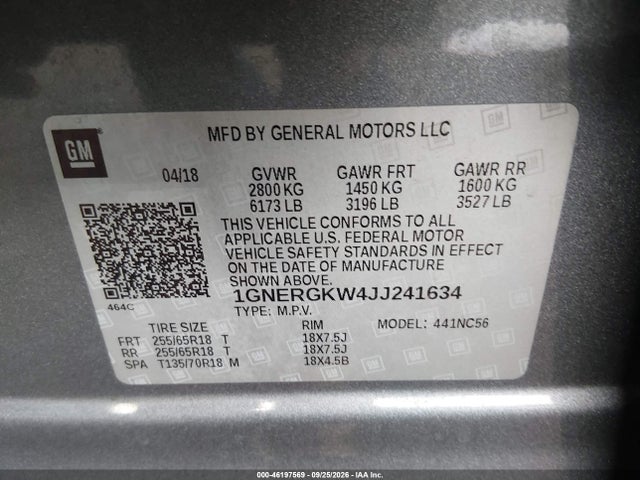 Aukcja sprzedaży 2018 Chevrolet Traverse 1lt, vin: 1GNERGKW4JJ241634, numer aukcji: 46197569