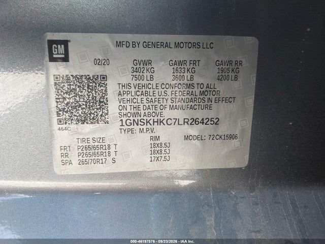 46197576 :رقم المزاد ، 1GNSKHKC7LR264252 vin ، 2020 Chevrolet Suburban 4wd Lt مزاد بيع