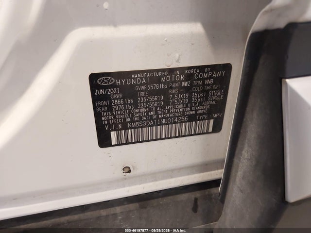 2022 Hyundai Santa Fe Hybrid Sel Premium მანქანა იყიდება აუქციონზე, vin: KM8S3DA11NU014256, აუქციონის ნომერი: 46197577