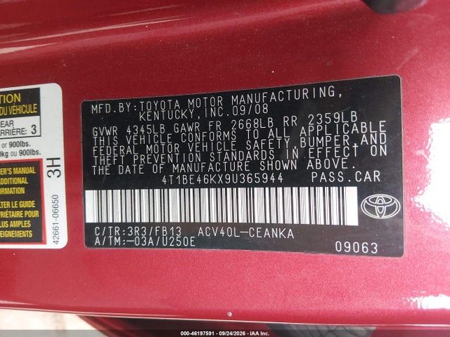 46197591 :رقم المزاد ، 4T1BE46KX9U365944 vin ، 2009 Toyota Camry Le مزاد بيع