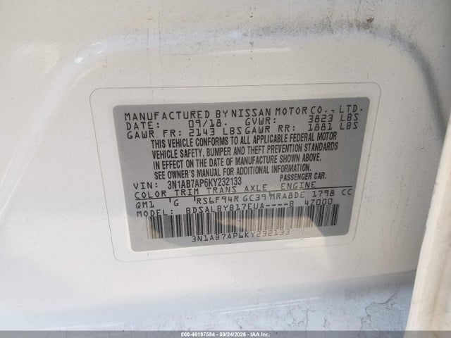 Продаж на аукціоні авто 2019 Nissan Sentra S, vin: 3N1AB7AP6KY232133, номер лоту: 46197594