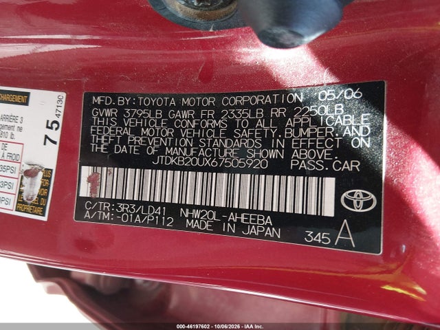 46197602 :رقم المزاد ، JTDKB20UX67505920 vin ، 2006 Toyota Prius مزاد بيع