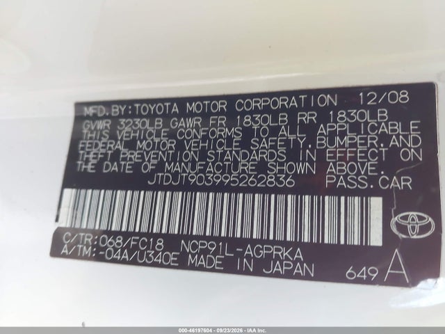 46197604 :رقم المزاد ، JTDJT903995262836 vin ، 2009 Toyota Yaris مزاد بيع