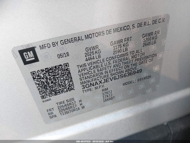 Aukcja sprzedaży 2018 Chevrolet Equinox Lt, vin: 3GNAXJEV6JS636949, numer aukcji: 46197630