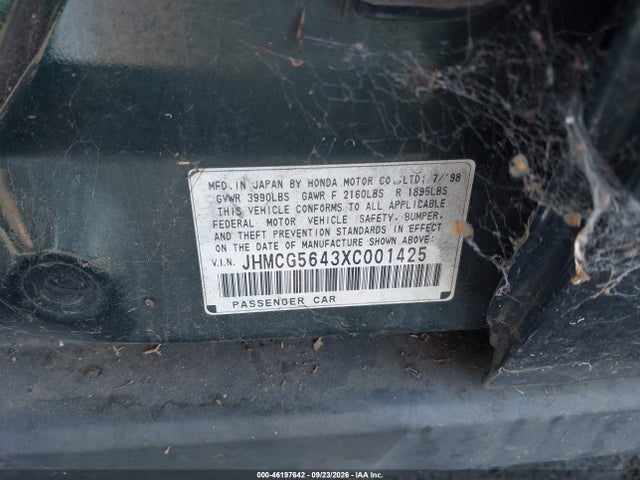 46197642 :رقم المزاد ، JHMCG5643XC001425 vin ، 1999 Honda Accord Sdn Lx مزاد بيع