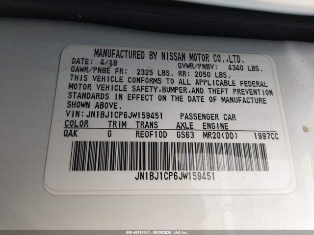 2018 Nissan Rogue Sport S მანქანა იყიდება აუქციონზე, vin: JN1BJ1CP6JW159451, აუქციონის ნომერი: 46197643