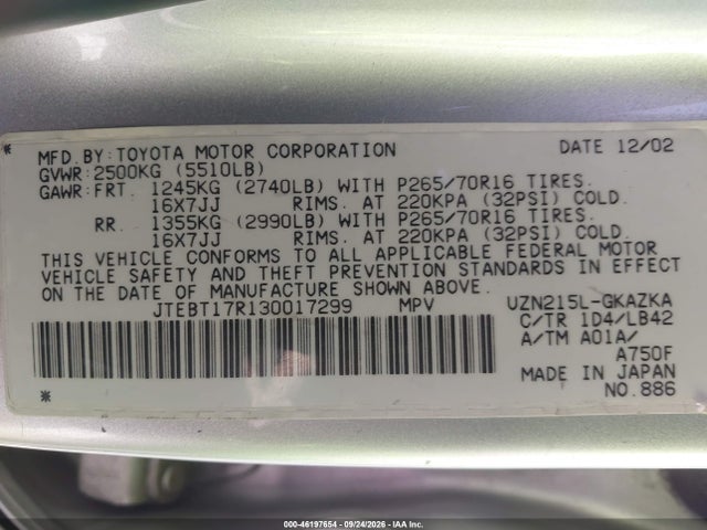 46197654 :رقم المزاد ، JTEBT17R130017299 vin ، 2003 Toyota 4runner Limited مزاد بيع