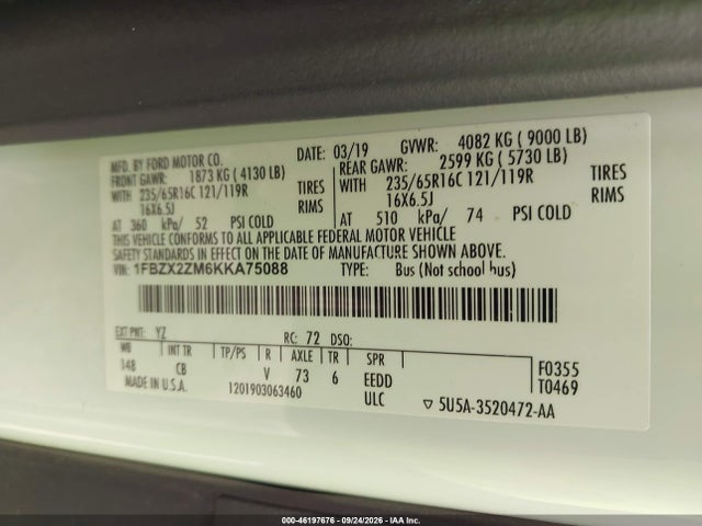 Продаж на аукціоні авто 2019 Ford Transit-350 Xlt, vin: 1FBZX2ZM6KKA75088, номер лоту: 46197676
