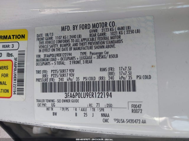 Продаж на аукціоні авто 2014 Ford Fusion Se Hybrid, vin: 3FA6P0LU9ER122194, номер лоту: 46197677