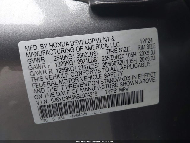 46197678 :رقم المزاد ، 5J8YD9H46SL004219 vin ، 2025 Acura Mdx Technology Package مزاد بيع