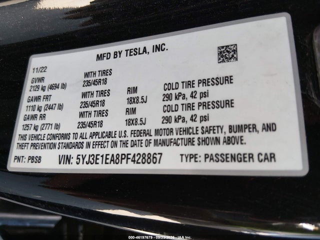 Tesla Model 3 Rear-wheel Drive 2023 5YJ3E1EA8PF428867 Image 9