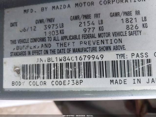 46197682 :رقم المزاد ، JM1BL1W84C1679949 vin ، 2012 Mazda Mazda3 I Grand Touring مزاد بيع