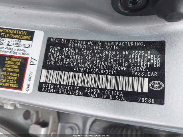 46197705 :رقم المزاد ، 4T1BF1FK0FU873511 vin ، 2015 Toyota Camry Se مزاد بيع