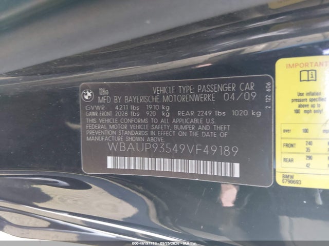 2009 Bmw 1 Series 128i მანქანა იყიდება აუქციონზე, vin: WBAUP93549VF49189, აუქციონის ნომერი: 46197718
