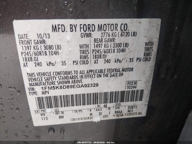 46197723 :رقم المزاد ، 1FM5K8D89EGA92329 vin ، 2014 Ford Explorer Xlt مزاد بيع