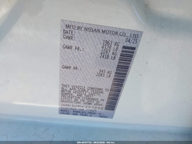 Продажа на аукционе авто 2025 Nissan Altima Sv Fwd, vin: 1N4BL4DV8SN393898, номер лота: 46197725