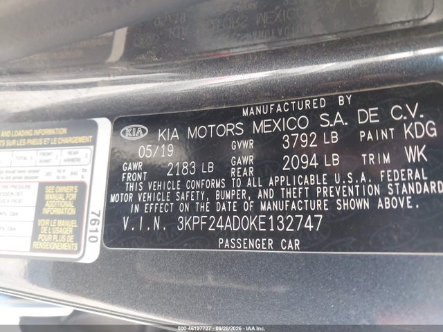 Продажа на аукционе авто 2019 Kia Forte Lxs, vin: 3KPF24AD0KE132747, номер лота: 46197727