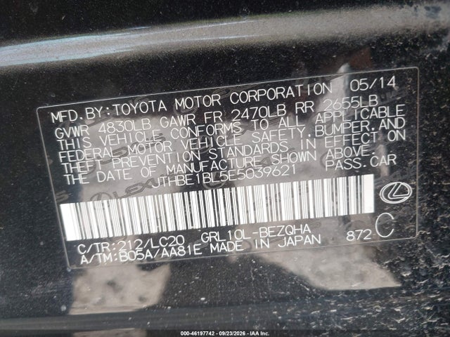 Aukcja sprzedaży 2014 Lexus Gs 350, vin: JTHBE1BL5E5039621, numer aukcji: 46197742