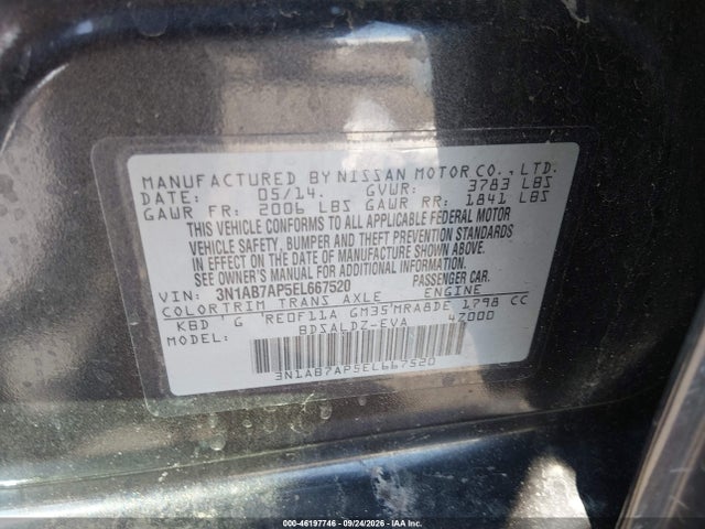 2014 Nissan Sentra Fe+ S/fe+ Sv/s/sl/sr/sv მანქანა იყიდება აუქციონზე, vin: 3N1AB7AP5EL667520, აუქციონის ნომერი: 46197746