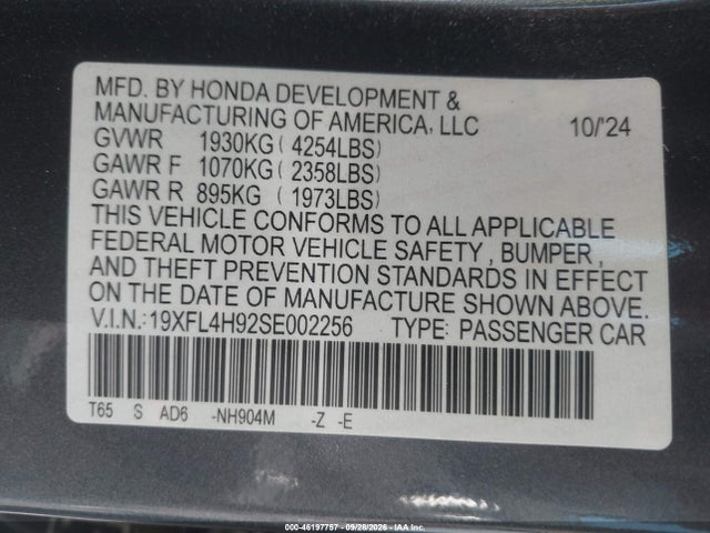 Продаж на аукціоні авто 2025 Honda Civic Hybrid Sport Touring, vin: 19XFL4H92SE002256, номер лоту: 46197757