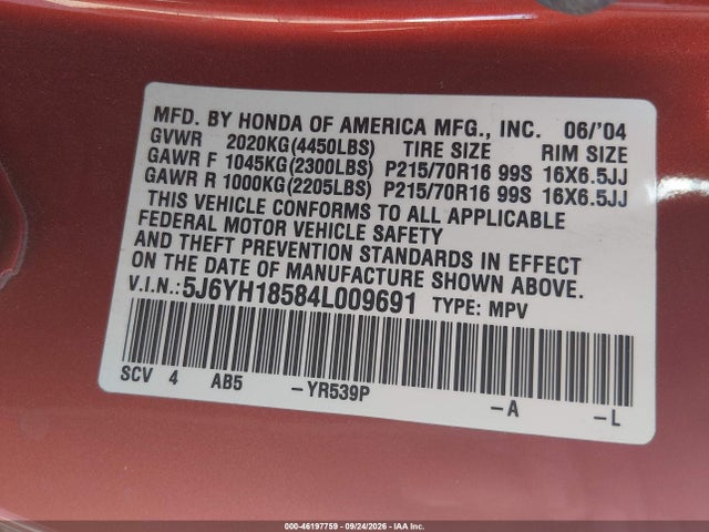 46197759 :رقم المزاد ، 5J6YH18584L009691 vin ، 2004 Honda Element Ex مزاد بيع