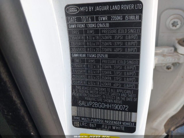 Aukcja sprzedaży 2017 Land Rover Range Rover Evoque Se/se Premium, vin: SALVP2BG0HH190072, numer aukcji: 46197761