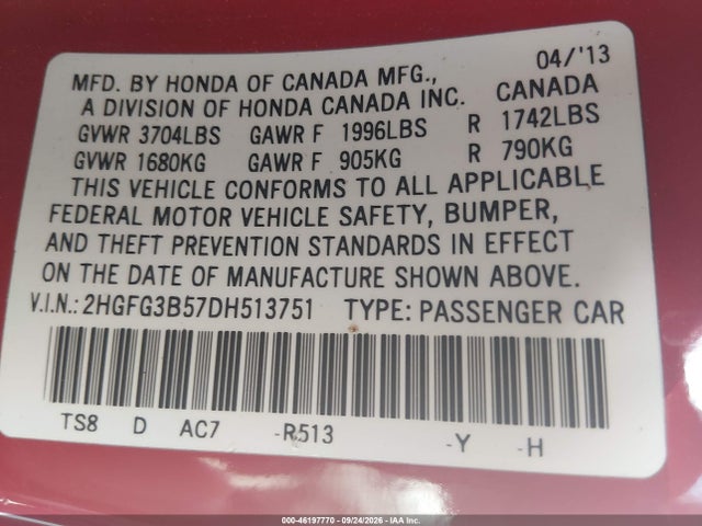2013 Honda Civic Lx მანქანა იყიდება აუქციონზე, vin: 2HGFG3B57DH513751, აუქციონის ნომერი: 46197770
