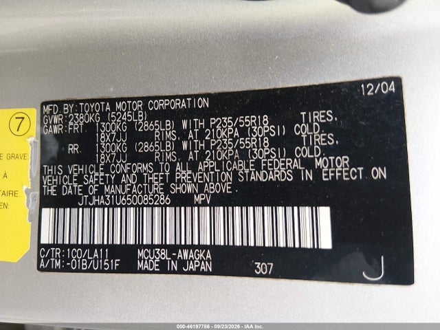 46197786 :رقم المزاد ، JTJHA31U650085286 vin ، 2005 Lexus Rx 330 مزاد بيع