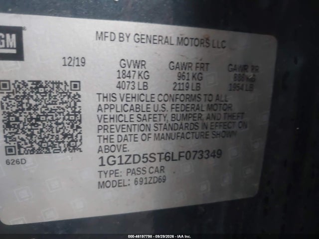 46197798 :رقم المزاد ، 1G1ZD5ST6LF073349 vin ، 2020 Chevrolet Malibu Fwd Lt مزاد بيع