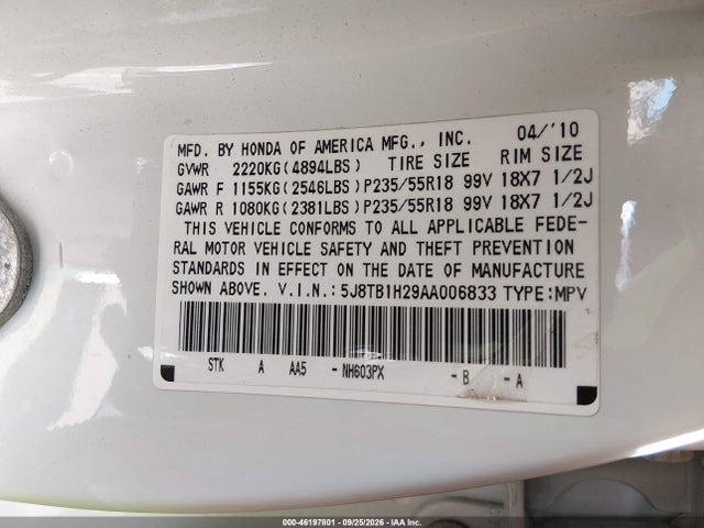 46197801 :رقم المزاد ، 5J8TB1H29AA006833 vin ، 2010 Acura Rdx مزاد بيع