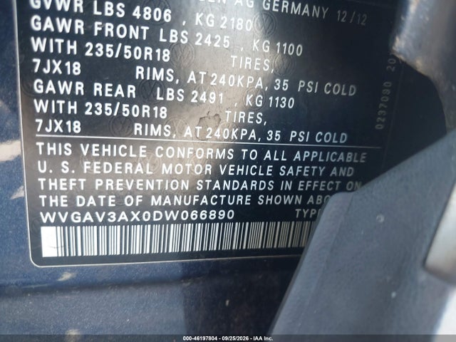 Aukcja sprzedaży 2013 Volkswagen Tiguan Se, vin: WVGAV3AX0DW066890, numer aukcji: 46197804