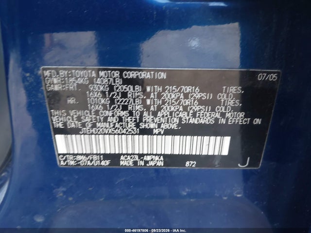 46197806 :رقم المزاد ، JTEHD20VX56042531 vin ، 2005 Toyota Rav4 مزاد بيع