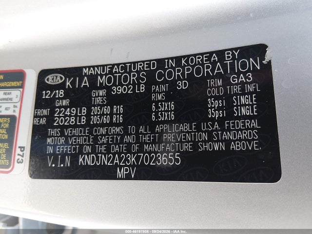 2019 Kia Alma მანქანა იყიდება აუქციონზე, vin: KNDJN2A23K7023655, აუქციონის ნომერი: 46197808