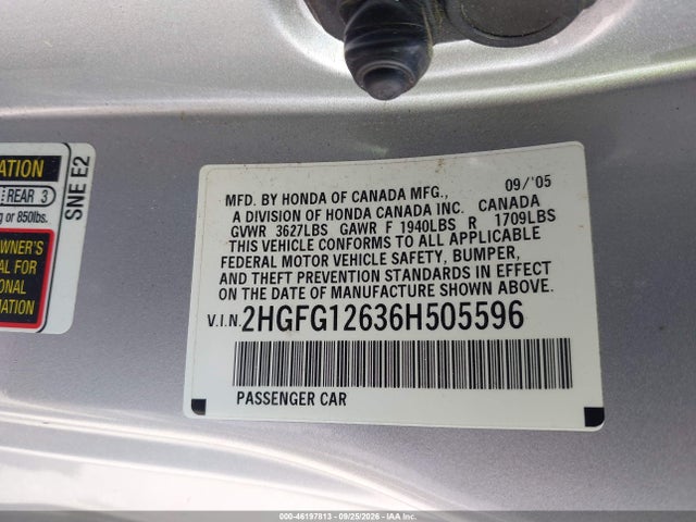 46197813 :رقم المزاد ، 2HGFG12636H505596 vin ، 2006 Honda Civic Lx مزاد بيع