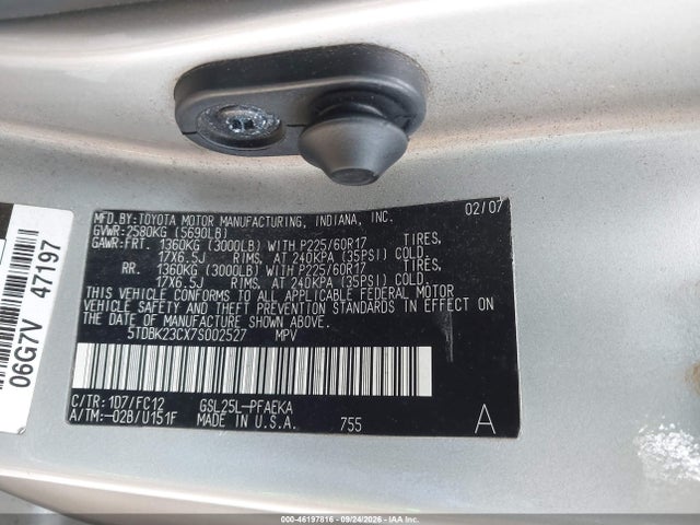 46197816 :رقم المزاد ، 5TDBK23CX7S002527 vin ، 2007 Toyota Sienna Le مزاد بيع