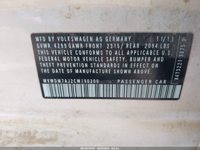 2012 Volkswagen Golf Tdi 4-door მანქანა იყიდება აუქციონზე, vin: WVWDM7AJ2CW190200, აუქციონის ნომერი: 46197831