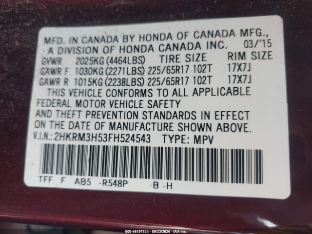 Honda CR-V EX 2015 2HKRM3H53FH524543 Image 9
