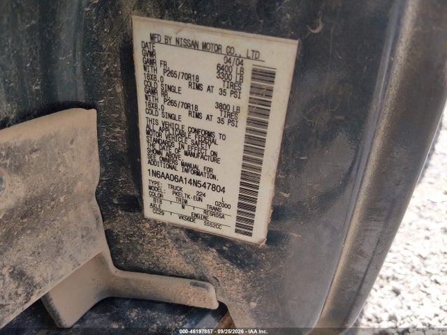 Aukcja sprzedaży 2004 Nissan Titan Se, vin: 1N6AA06A14N547804, numer aukcji: 46197857